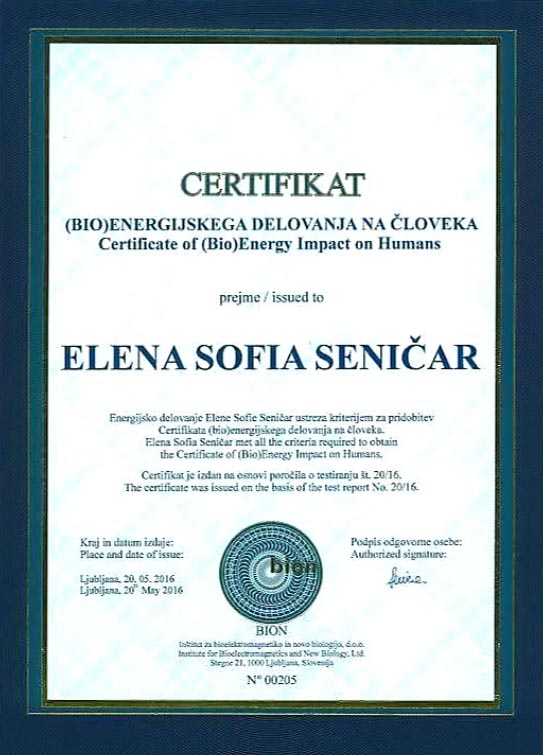Certifikat (Bio)energijskega delovanja na človeka, izdan Eleni Sofii Seničar na Mednarodnem inštitutu BION